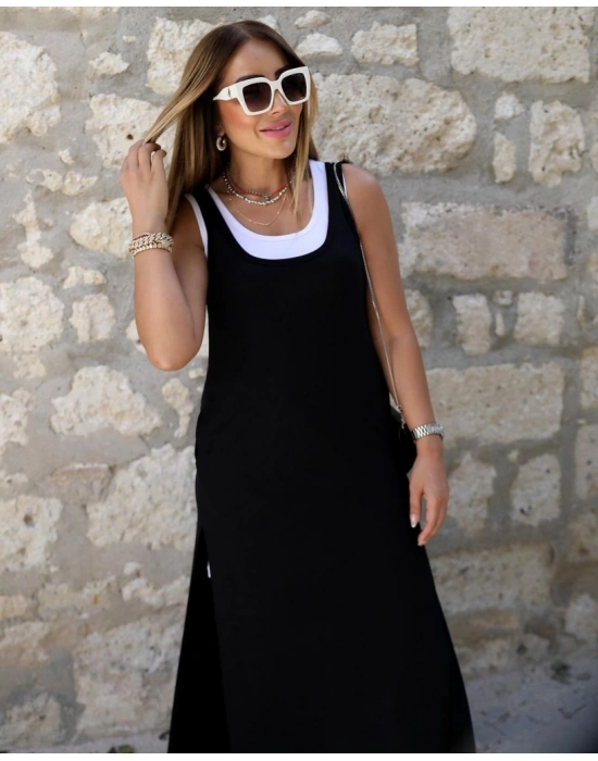 Kadın Yırtmaç Detaylı Viskon Kumaş Maxi Boy Cepli Iç Dahil Ikili Elbise