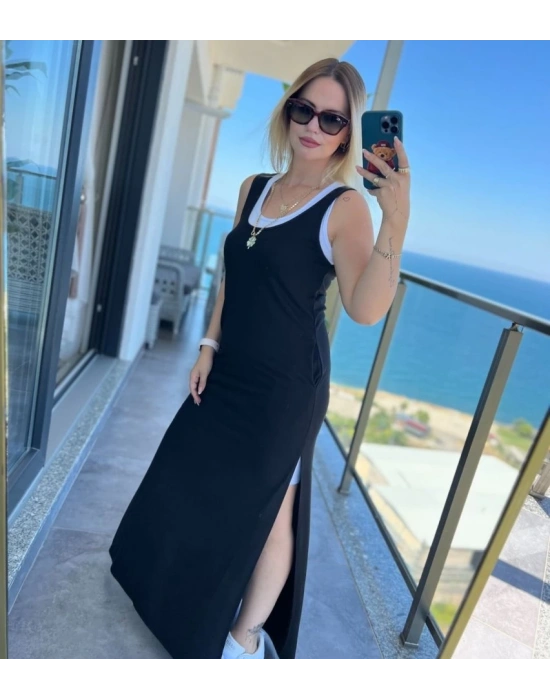 Kadın Yırtmaç Detaylı Viskon Kumaş Maxi Boy Cepli Iç Dahil Ikili Elbise