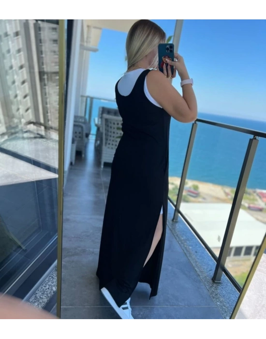 Kadın Yırtmaç Detaylı Viskon Kumaş Maxi Boy Cepli Iç Dahil Ikili Elbise