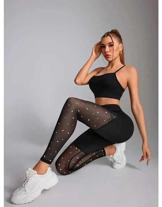 Kadın Yüksek Bel Asimetrik Kesim Detaylı Taşlı Tüllü Spor Dalgıç Tayt