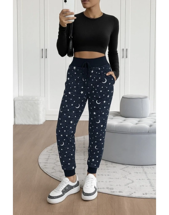 Kadın Yüksek Bel Bağcıklı Desenli Iki Iplik Pantolon