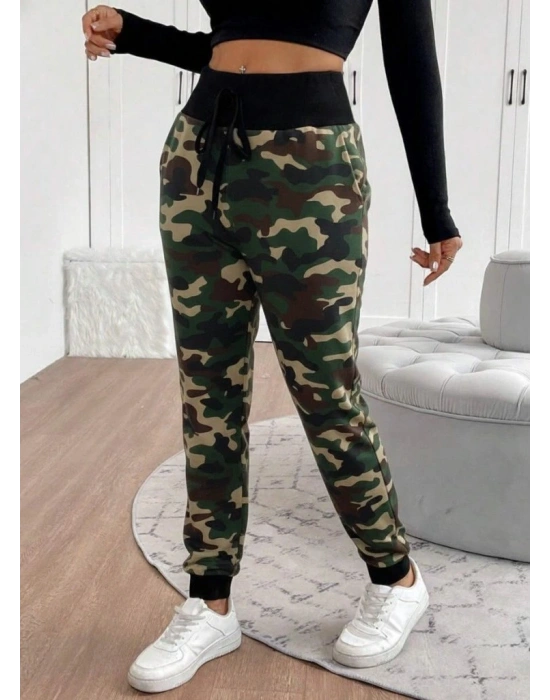 Kadın Yüksek Bel Bağcıklı Desenli Iki Iplik Pantolon