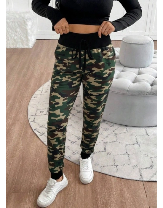 Kadın Yüksek Bel Bağcıklı Desenli Iki Iplik Pantolon