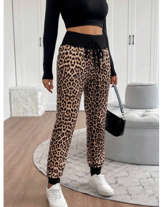 Kadın Yüksek Bel Bağcıklı Desenli Iki Iplik Pantolon