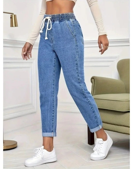 Kadın Yüksek Bel Bağcıklı Kot Pantolon