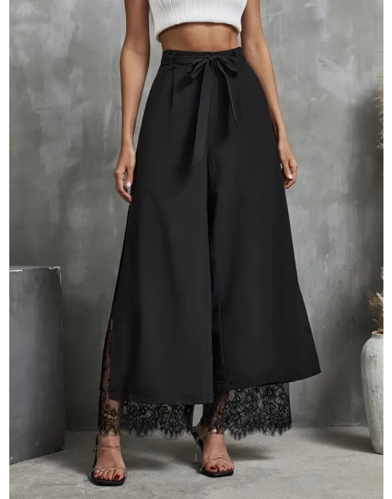 Kadın Yüksek Bel Belden Kuşaklı üst Dalgıç Alt Dantel Detaylı Dalgıç Pantolon