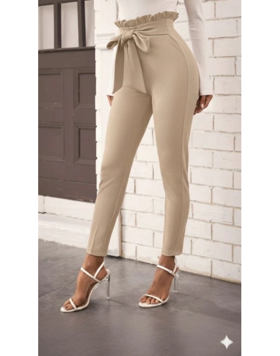 Kadın Yüksek Bel Beli Fırfırlı önden Bağlamalı Ithal Krep Pantolon