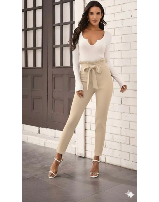 Kadın Yüksek Bel Beli Fırfırlı önden Bağlamalı Ithal Krep Pantolon