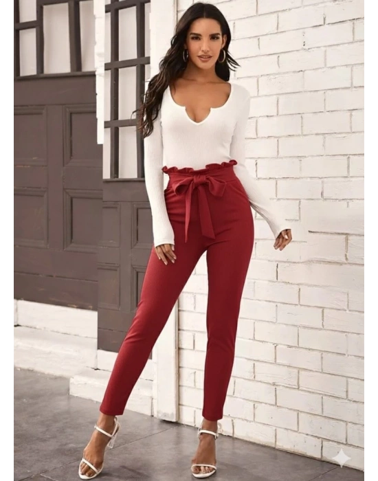 Kadın Yüksek Bel Beli Fırfırlı önden Bağlamalı Ithal Krep Pantolon