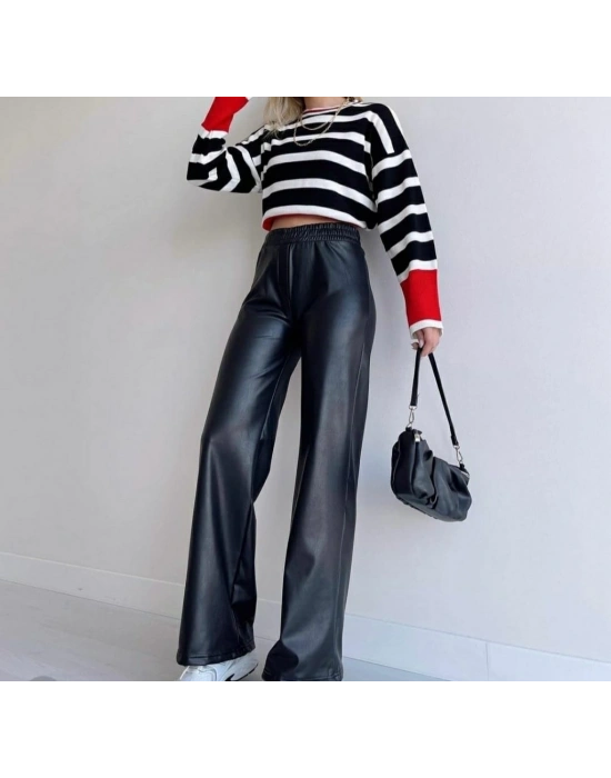 Kadın Yüksek Bel Beli Lastikli Geniş Paçalı Deri Pantolon