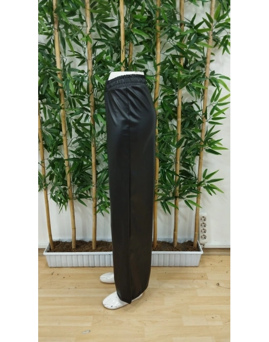 Kadın Yüksek Bel Beli Lastikli Geniş Paçalı Deri Pantolon