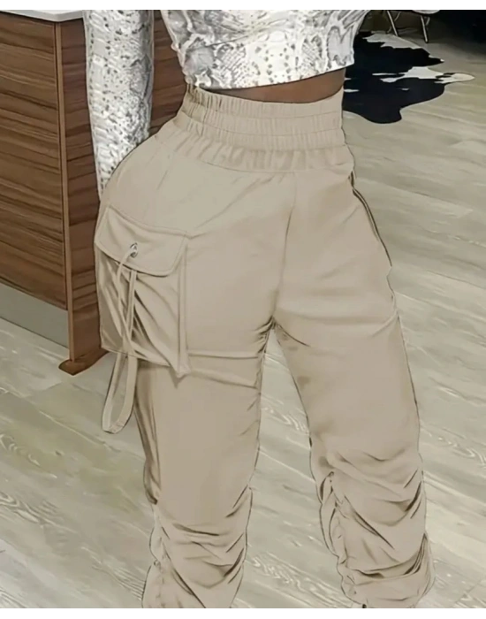 Kadın Yüksek Bel Beli Lastikli Kargo Cep Detaylı Gabardin Pantolon