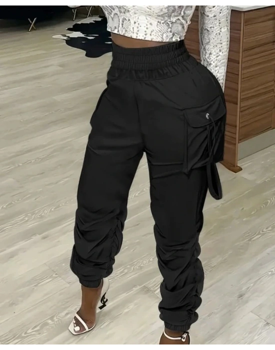 Kadın Yüksek Bel Beli Lastikli Kargo Cep Detaylı Gabardin Pantolon