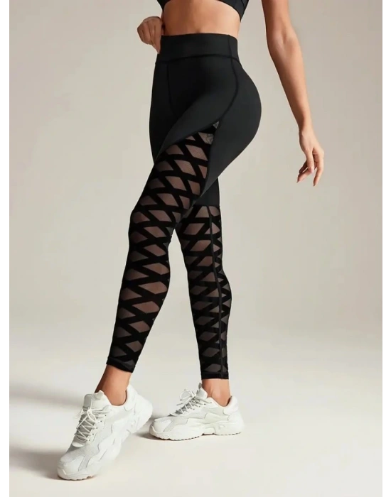 Kadın Yüksek Bel çapraz Desen Tül Detaylı Spor Dalgıç Tayt