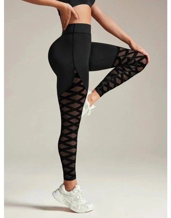 Kadın Yüksek Bel çapraz Desen Tül Detaylı Spor Dalgıç Tayt