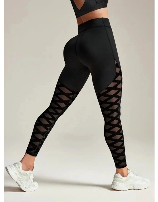 Kadın Yüksek Bel çapraz Desen Tül Detaylı Spor Dalgıç Tayt