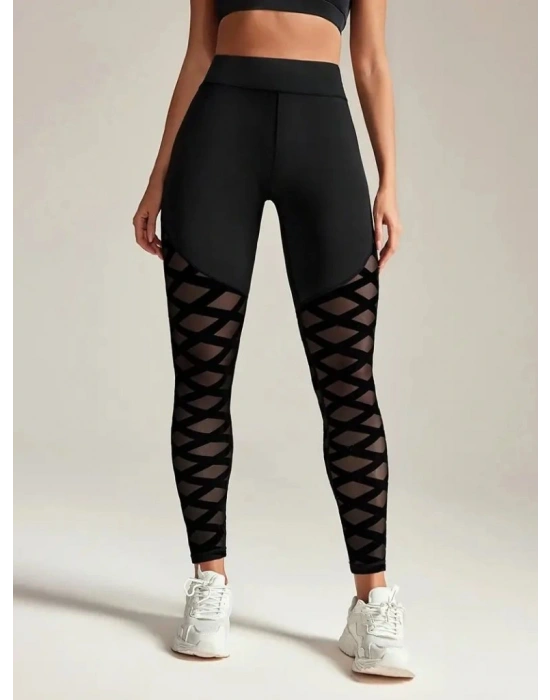 Kadın Yüksek Bel çapraz Desen Tül Detaylı Spor Dalgıç Tayt