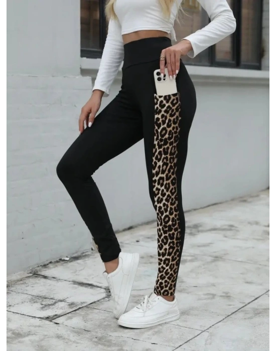 Kadın Yüksek Bel Cep Detaylı Leopar Desenli Dalgıç Tayt