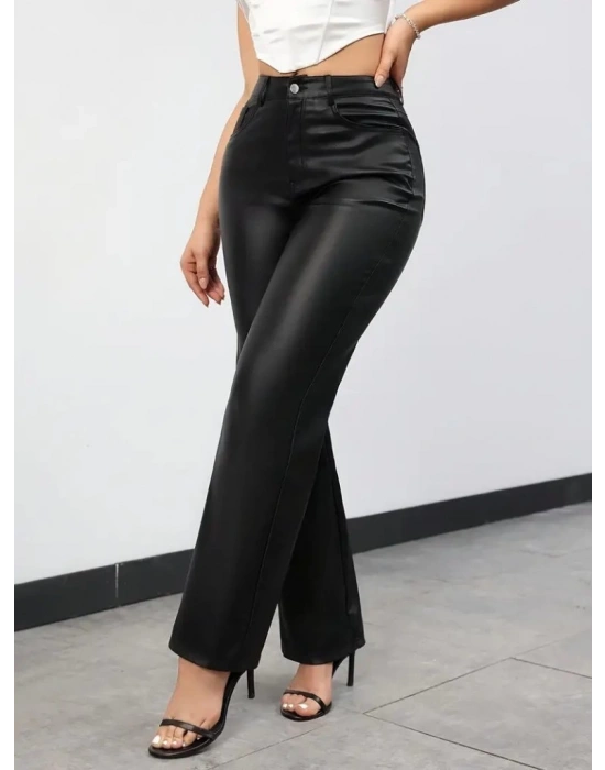 Kadın Yüksek Bel Cepli Deri Pantolon