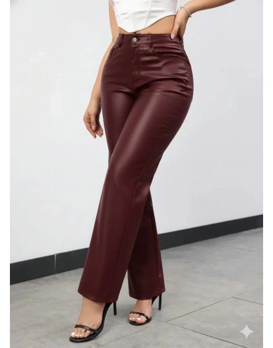 Kadın Yüksek Bel Cepli Deri Pantolon