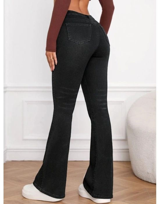 Kadın Yüksek Bel Cepli İspanyol Paçalı Kot Jeans Pantolon