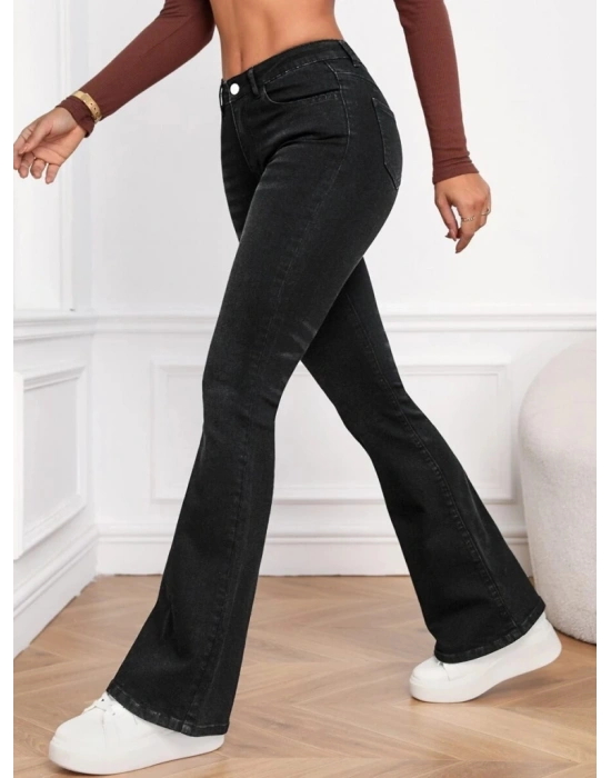 Kadın Yüksek Bel Cepli İspanyol Paçalı Kot Jeans Pantolon