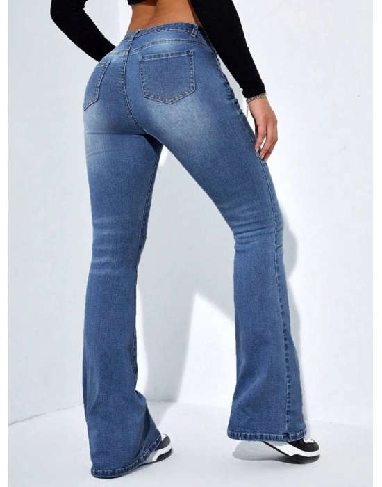 Kadın Yüksek Bel Cepli İspanyol Paçalı Kot Jeans Pantolon