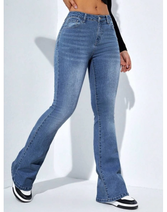 Kadın Yüksek Bel Cepli İspanyol Paçalı Kot Jeans Pantolon