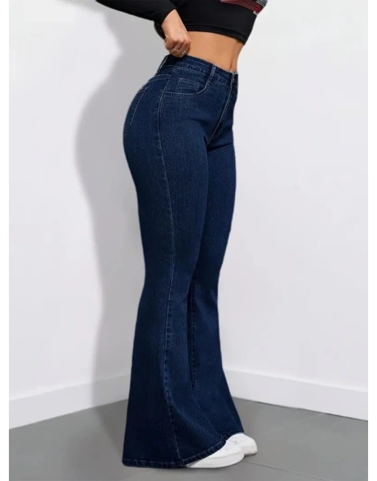 Kadın Yüksek Bel Cepli İspanyol Paçalı Kot Pantolon