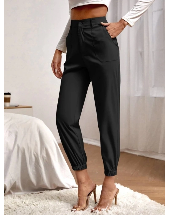 Kadın Yüksek Bel Cepli Paçası Lastikli Ithal Krep Pantolon