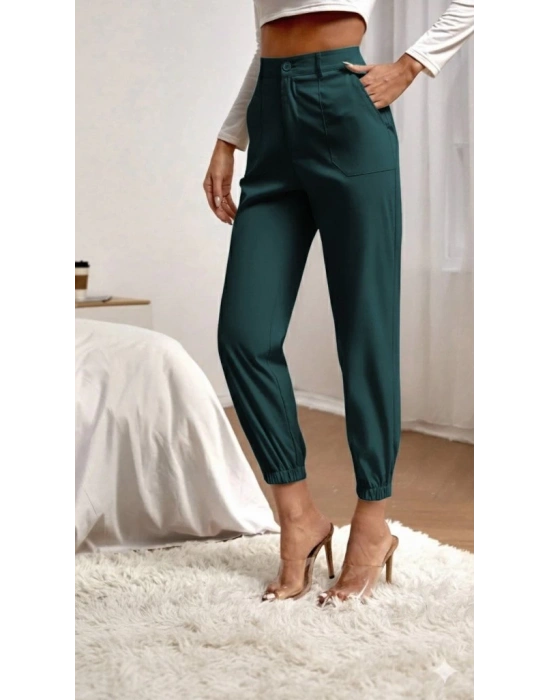 Kadın Yüksek Bel Cepli Paçası Lastikli Ithal Krep Pantolon