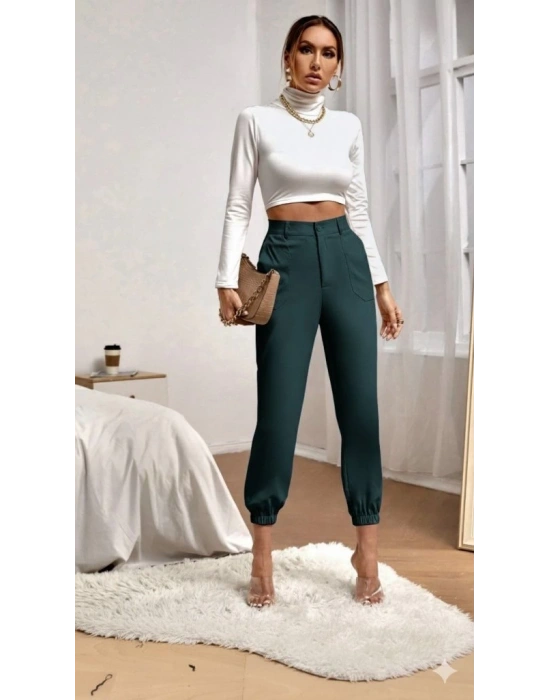 Kadın Yüksek Bel Cepli Paçası Lastikli Ithal Krep Pantolon