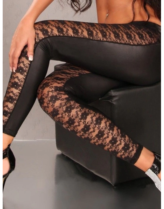 Kadın Yüksek Bel Dantel Detaylı Deri Tayt