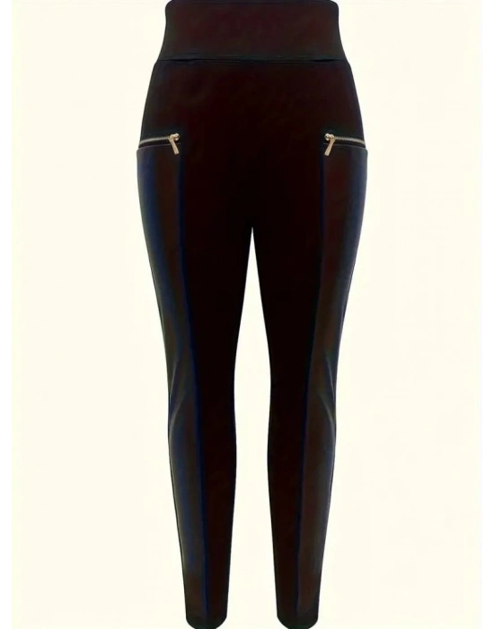 Kadın Yüksek Bel Deri Detaylı Fermuarlı Dalgıç Tayt