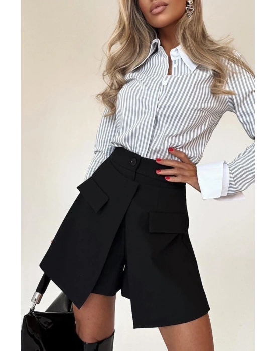 Kadın Yüksek Bel Düğmeli Asimetrik Kesim Cepli Kısa Ithal Krep şort Etek