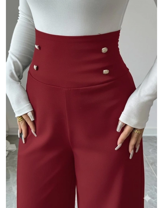 Kadın Yüksek Bel Düğmeli Geniş Paçalı Ithal Krep Pantolon