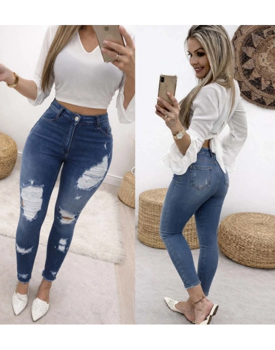 Kadın Yüksek Bel Düğmeli Yırtık Kot Pantolon