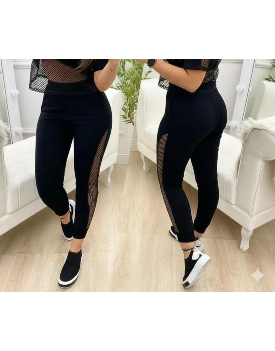 Kadın Yüksek Bel File Detaylı Dar Kesim Viskon Iki Iplik Pantolon