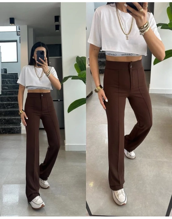 Kadın Yüksek Bel Full Likralı Krep Kumaş Pantolon