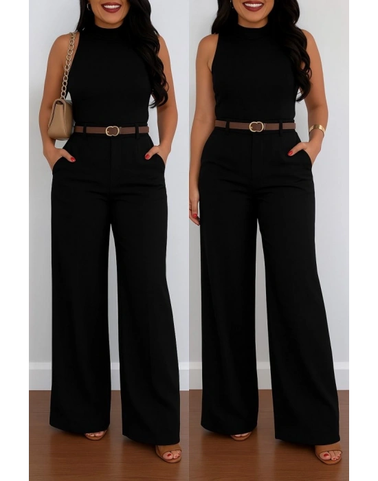 Kadın Yüksek Bel Geniş Paça Detaylı Cepli Ithal Krep Pantolon