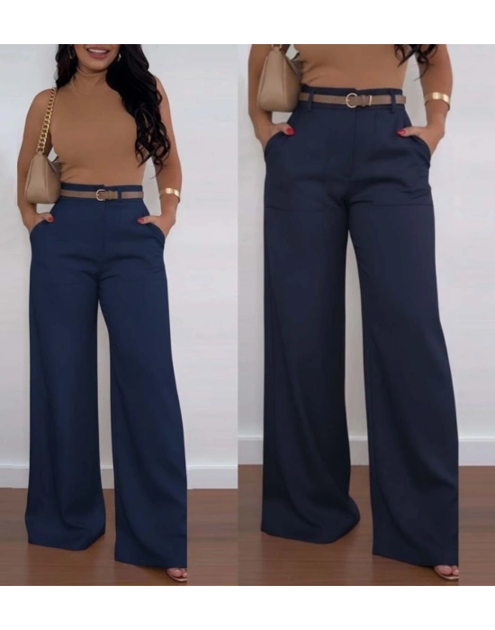 Kadın Yüksek Bel Geniş Paça Detaylı Cepli Ithal Krep Pantolon