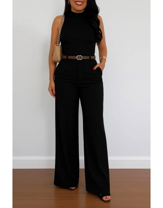 Kadın Yüksek Bel Geniş Paça Detaylı Cepli Ithal Krep Pantolon