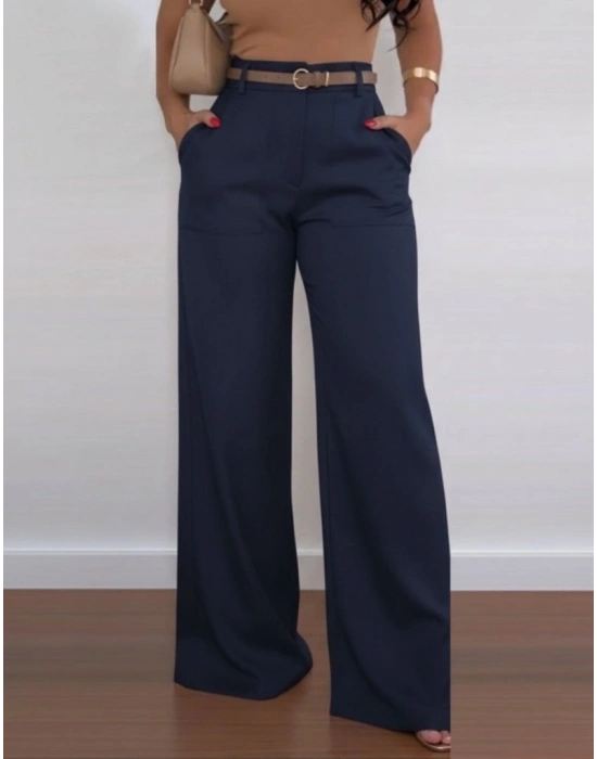Kadın Yüksek Bel Geniş Paça Detaylı Cepli Ithal Krep Pantolon