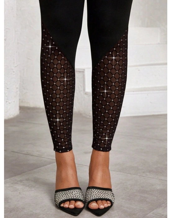 Kadın Yüksek Bel ışıltılı Tül Geometrik Detaylı Dalgıç Tayt