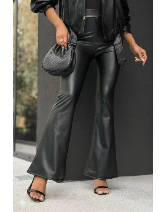 Kadın Yüksek Bel İspanyol Paçalı Deri Pantolon