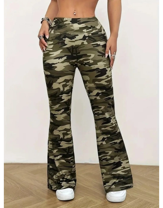 Kadın Yüksek Bel Kamuflaj Desenli Dalgıç Tayt