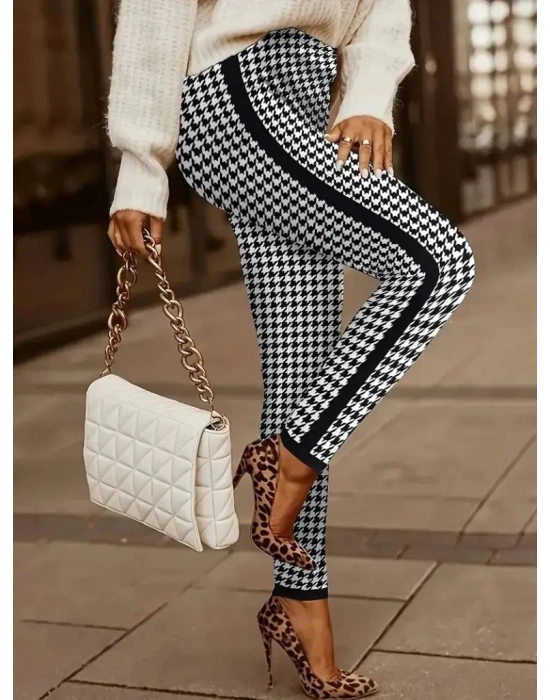 Kadın Yüksek Bel Kaz Ayağı Desenli Yanları şeritli Dalgıç Pantolon