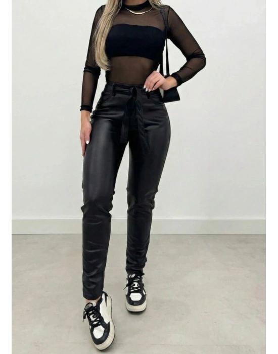 Kadın Yüksek Bel Kuşaklı Deri Pantolon