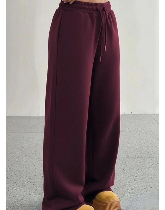 Kadın Yüksek Bel Lastikli Bağcıklı Geniş Kesim Dalgıç Mürdüm Pantolon