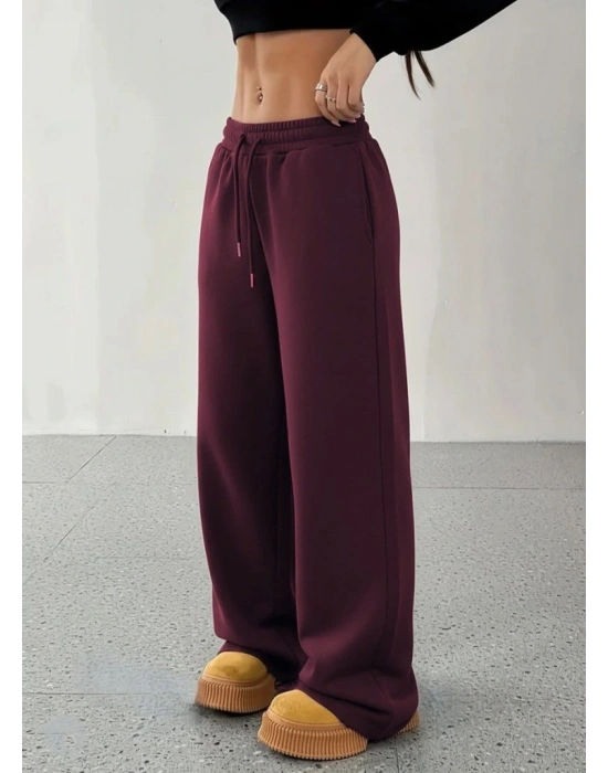 Kadın Yüksek Bel Lastikli Bağcıklı Geniş Kesim Dalgıç Mürdüm Pantolon